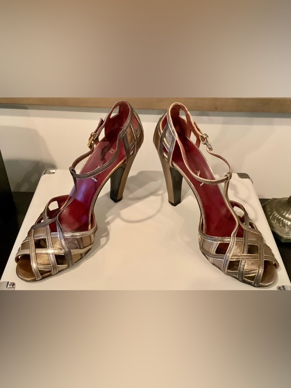 Prada Shoes Metallic Leather T-Strap Heels    Size 8/38 - Picture 6 of 10